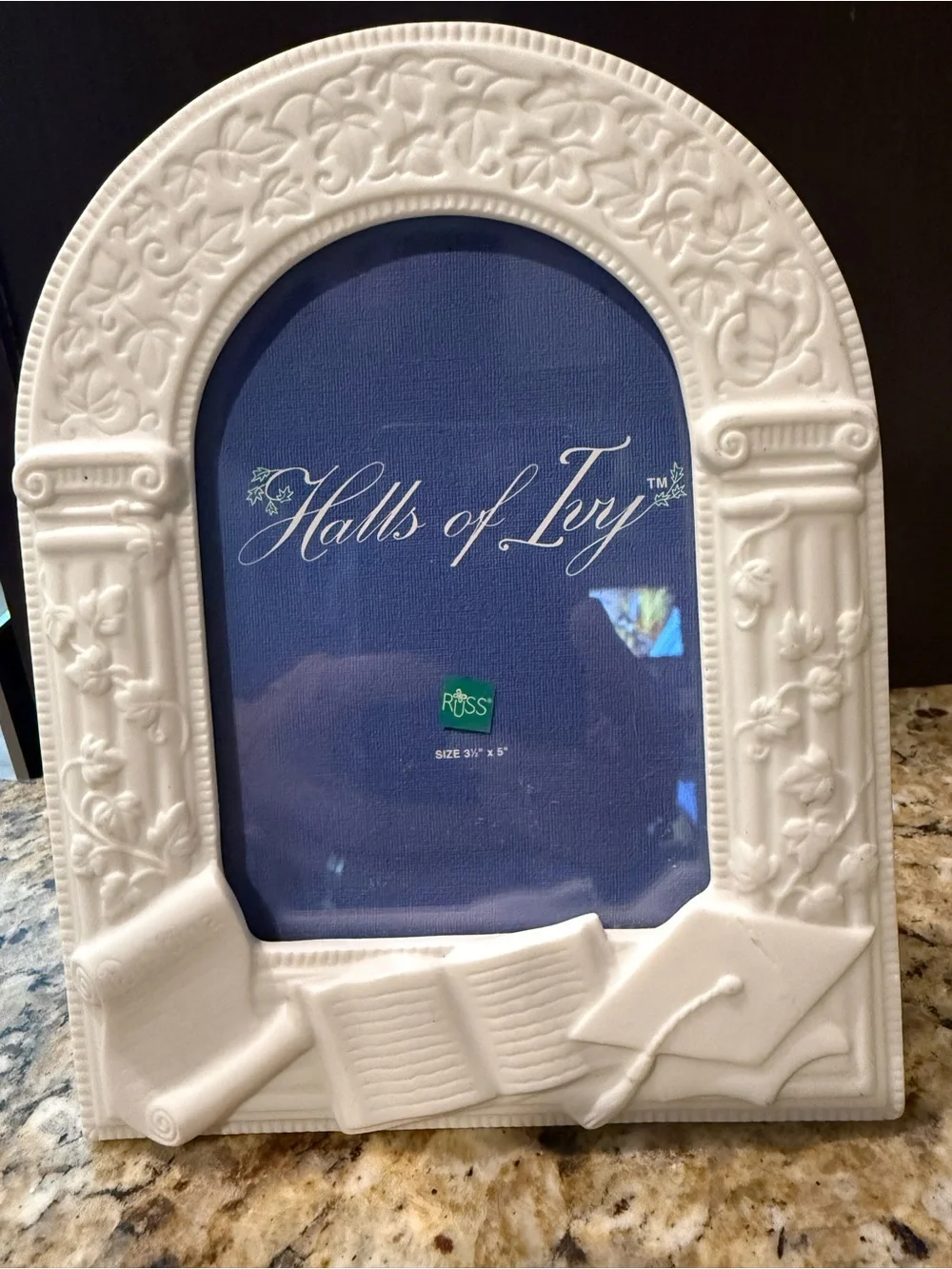 Russ Berrie White Porcelain Graduation Frame Halls of Ivy Embossed  3 1/2 X 5